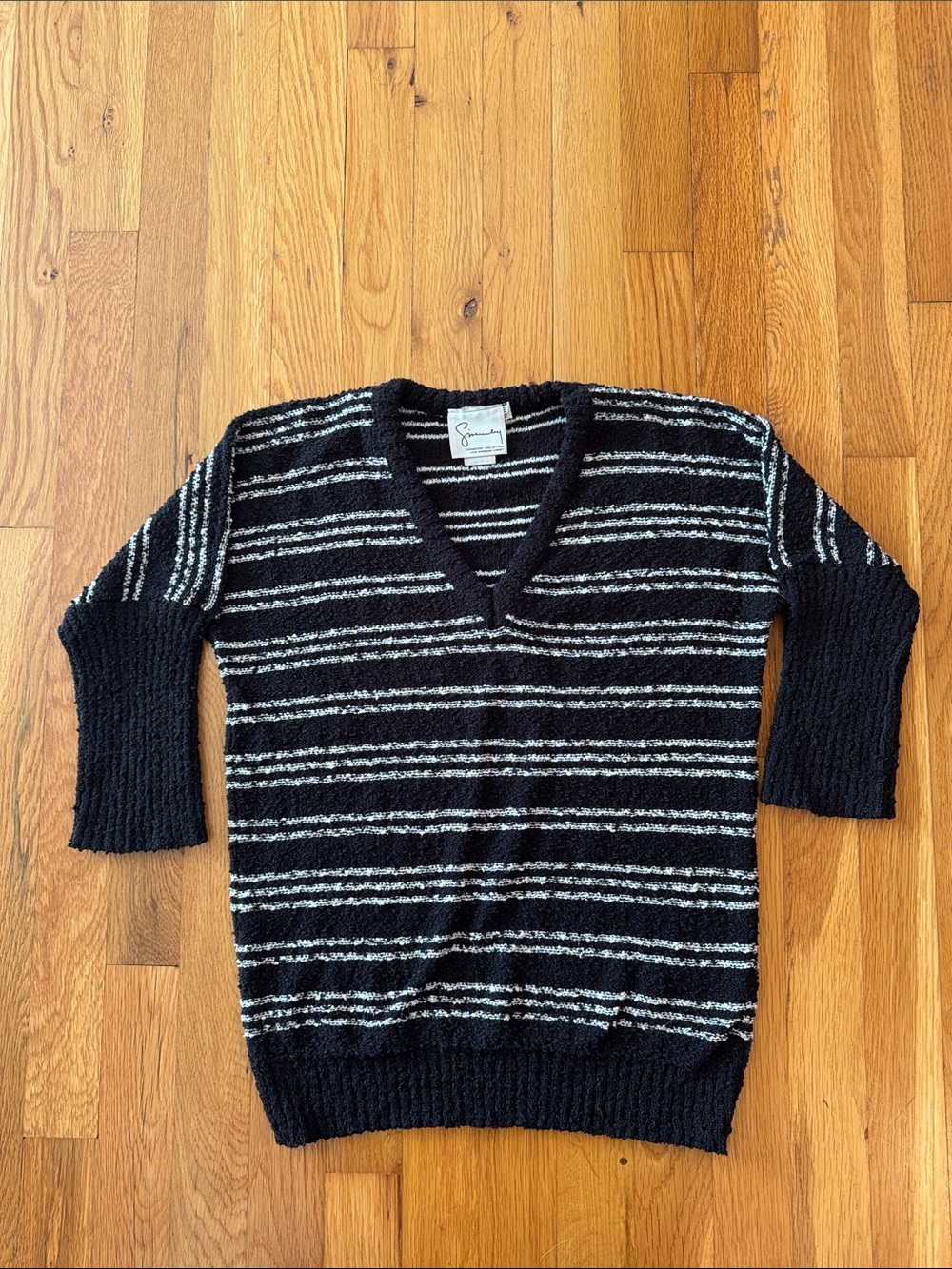 Vintage 80s Givenchy Sport Boucle Knit Sweater V-Neck Striped Petite Black White